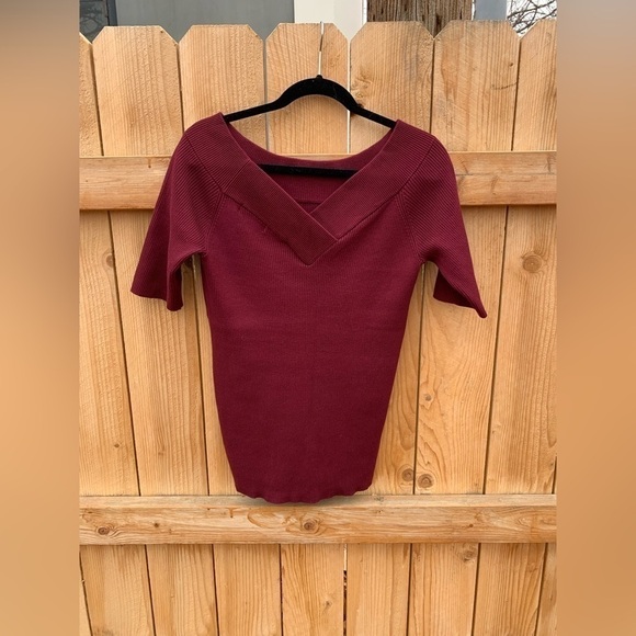 Gnw SHORT SLEEVE SCOOP NECK RIBBED RUBY RED MAROON BLOUSE SWEATER SZ XL - Picture 2 of 5